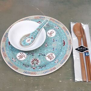 Turquoise Mun Shu plate, rice bowl with spoon, set of wood utensils